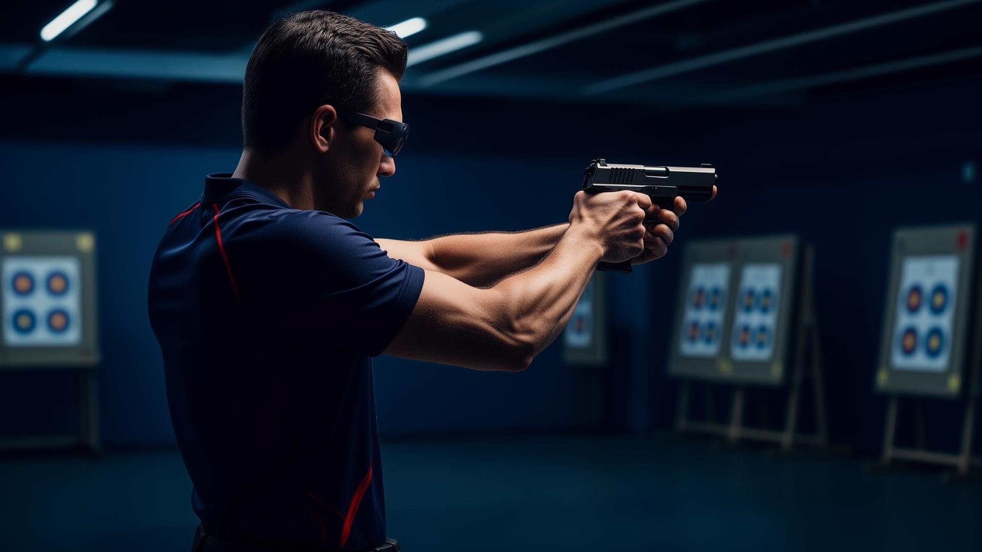 Strzelec sportowy z pistoletem na strzelnicy